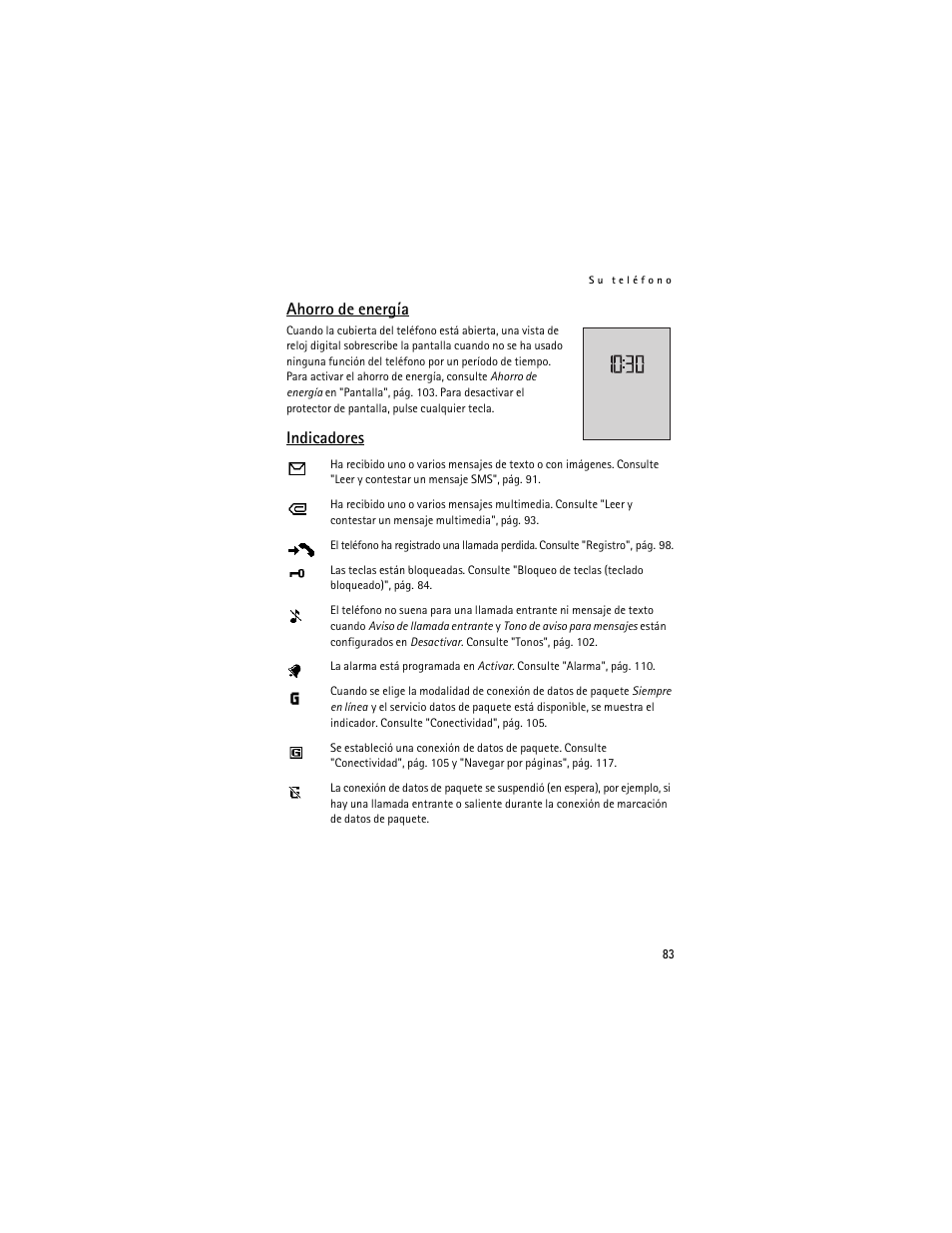 Ahorro de energía, Indicadores, Ahorro de energía indicadores | Nokia 6061 User Manual | Page 84 / 137