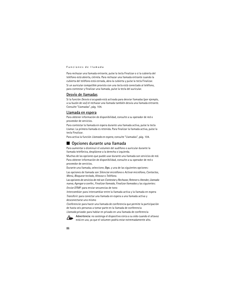 Desvío de llamadas, Llamada en espera, Opciones durante una llamada | Nokia 6061 User Manual | Page 87 / 137