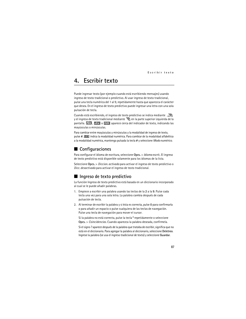 Escribir texto, Configuraciones, Ingreso de texto predictivo | Configuraciones ingreso de texto predictivo | Nokia 6061 User Manual | Page 88 / 137