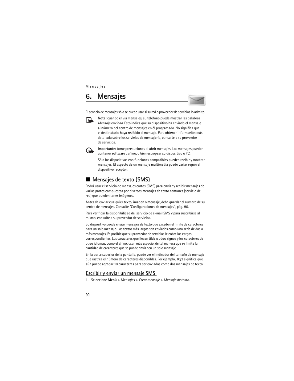 Mensajes, Mensajes de texto (sms), Escribir y enviar un mensaje sms | Escribir y enviar un mensaje sms . 90 | Nokia 6061 User Manual | Page 91 / 137