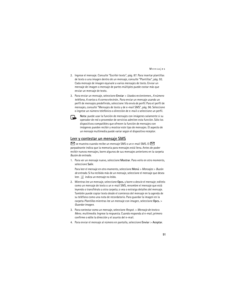 Leer y contestar un mensaje sms, Leer y contestar un mensaje sms . 91, Leer y contestar un mensaje sms", pág. 91 | Nokia 6061 User Manual | Page 92 / 137