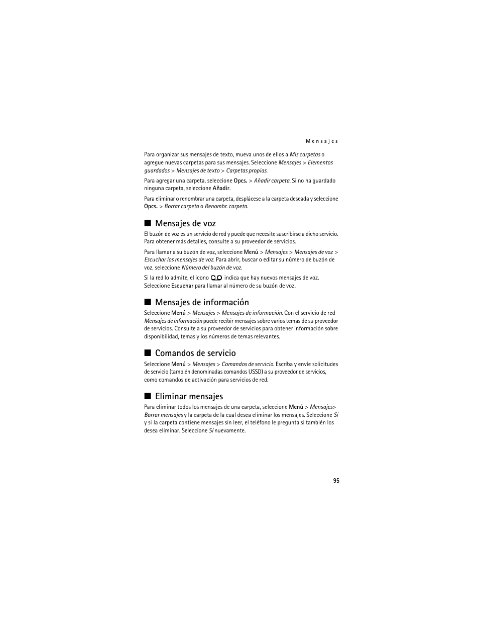 Mensajes de voz, Mensajes de información, Comandos de servicio | Eliminar mensajes | Nokia 6061 User Manual | Page 96 / 137