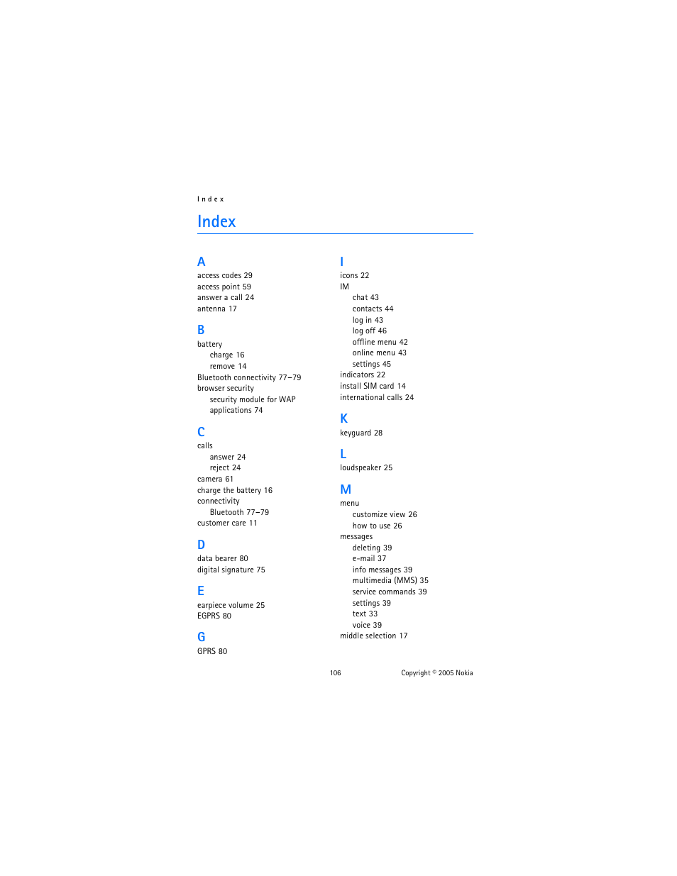 Index | Nokia 6822 User Manual | Page 107 / 225