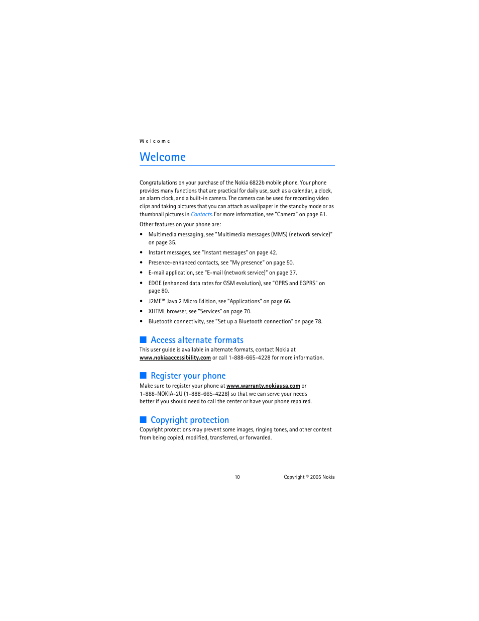 Welcome, Access alternate formats, Register your phone | Copyright protection | Nokia 6822 User Manual | Page 11 / 225
