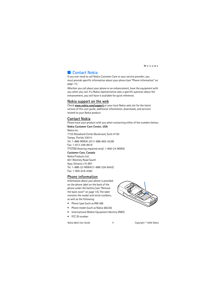 Contact nokia, Nokia support on the web, Phone information | Nokia 6822 User Manual | Page 12 / 225