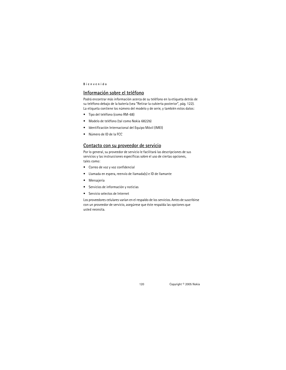 Información sobre el teléfono, Contacto con su proveedor de servicio | Nokia 6822 User Manual | Page 121 / 225
