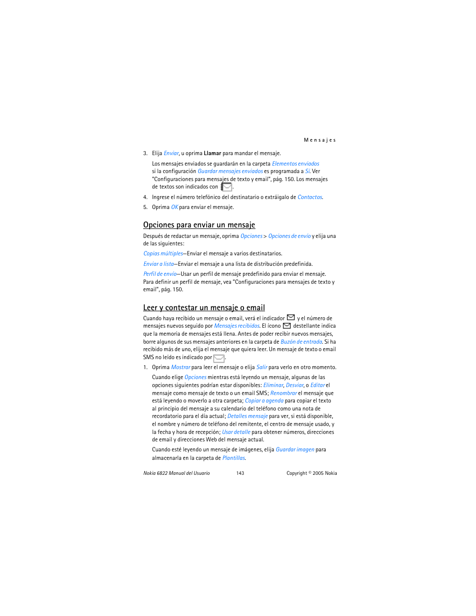 Opciones para enviar un mensaje, Leer y contestar un mensaje o email | Nokia 6822 User Manual | Page 144 / 225
