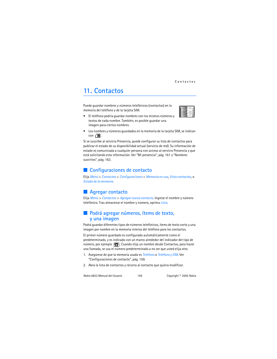 Contactos, Configuraciones de contacto, Agregar contacto | Nokia 6822 User Manual | Page 160 / 225