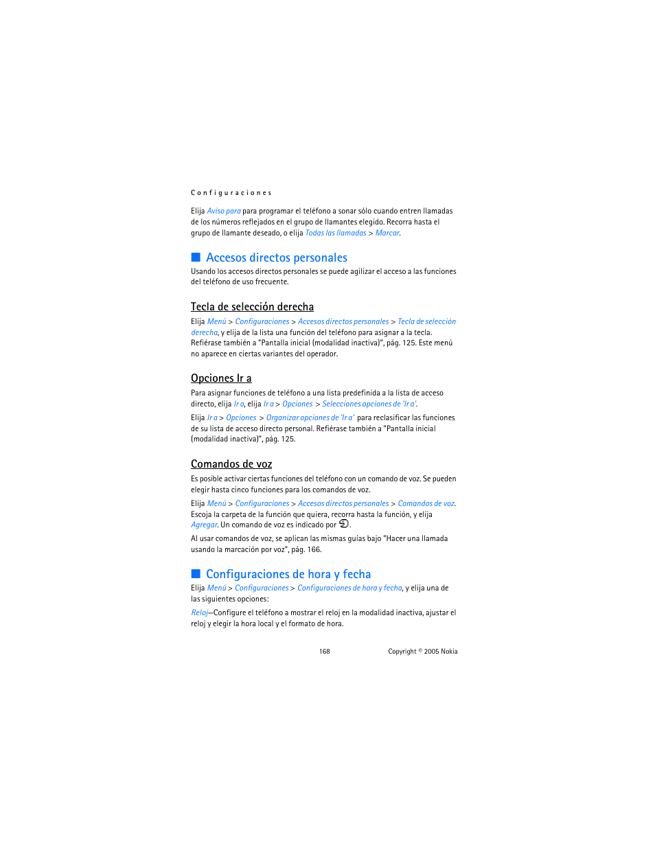 Accesos directos personales, Configuraciones de hora y fecha, Tecla de selección derecha | Opciones ir a, Comandos de voz | Nokia 6822 User Manual | Page 169 / 225
