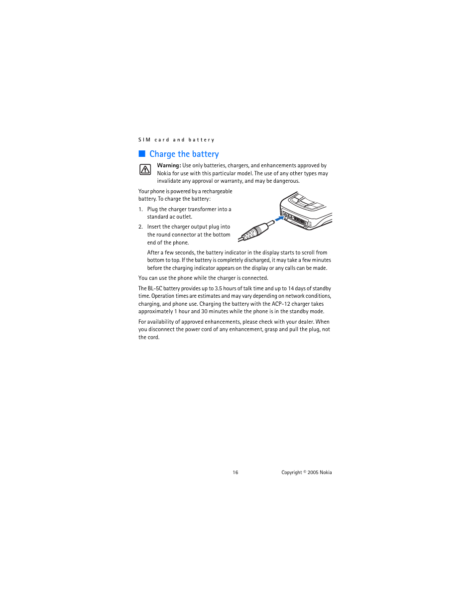 Charge the battery | Nokia 6822 User Manual | Page 17 / 225