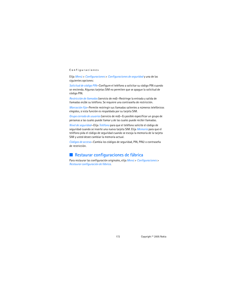 Restaurar configuraciones de fábrica | Nokia 6822 User Manual | Page 173 / 225