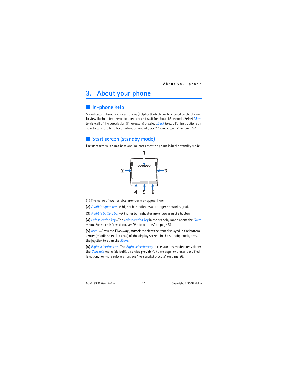 About your phone, In-phone help, Start screen (standby mode) | Nokia 6822 User Manual | Page 18 / 225