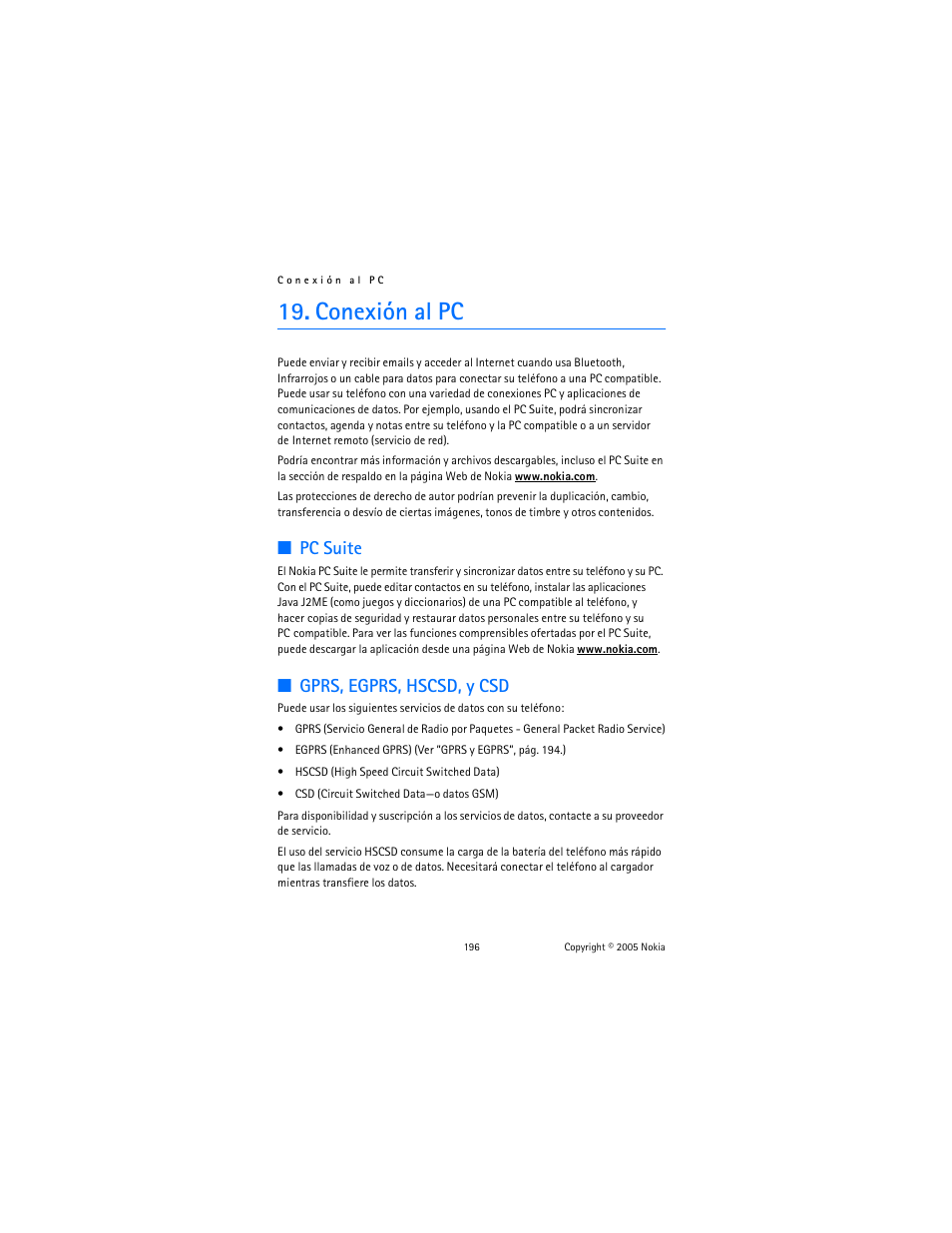 Conexión al pc, Pc suite, Gprs, egprs, hscsd, y csd | Nokia 6822 User Manual | Page 197 / 225
