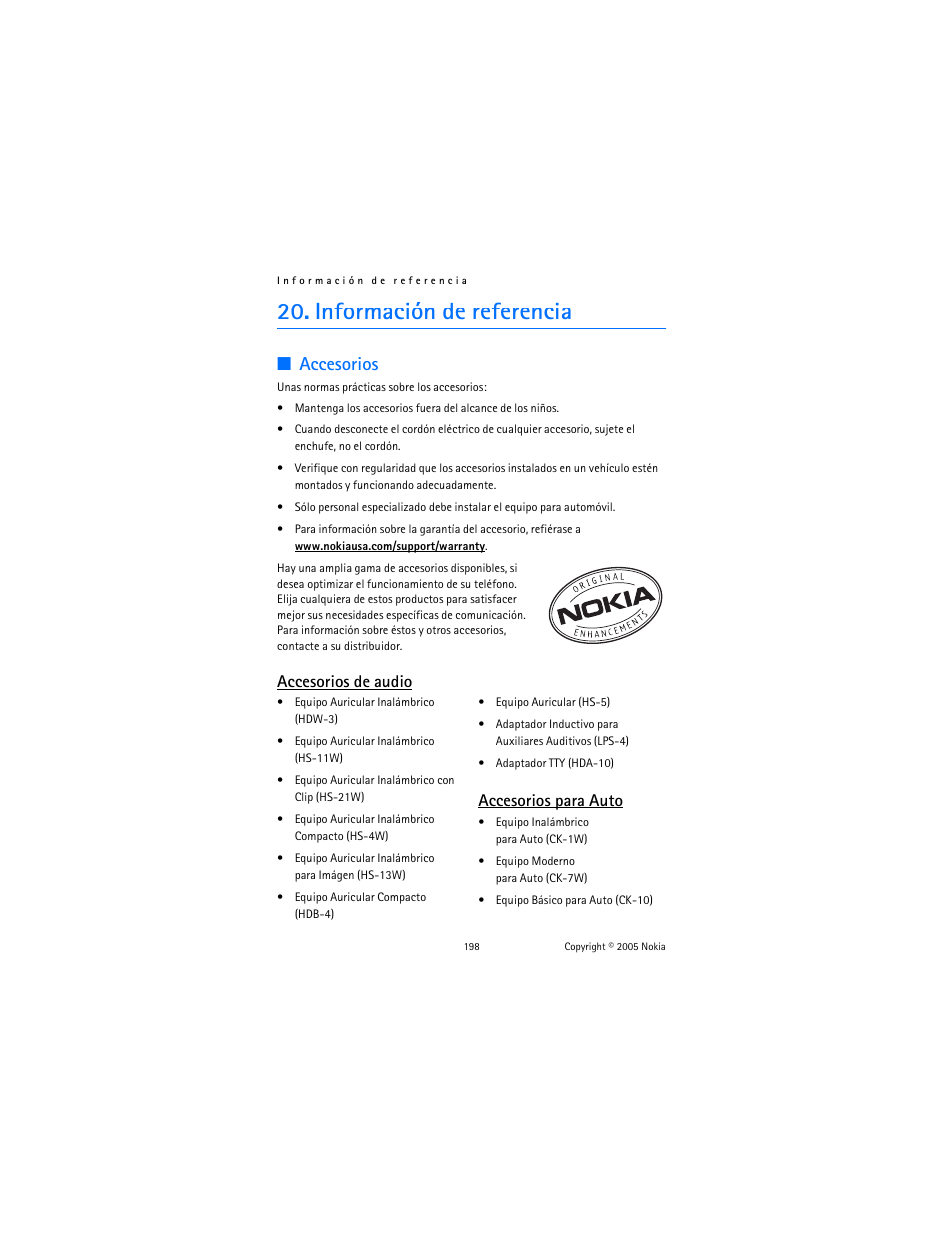 Información de referencia, Accesorios, Accesorios de audio | Accesorios para auto | Nokia 6822 User Manual | Page 199 / 225