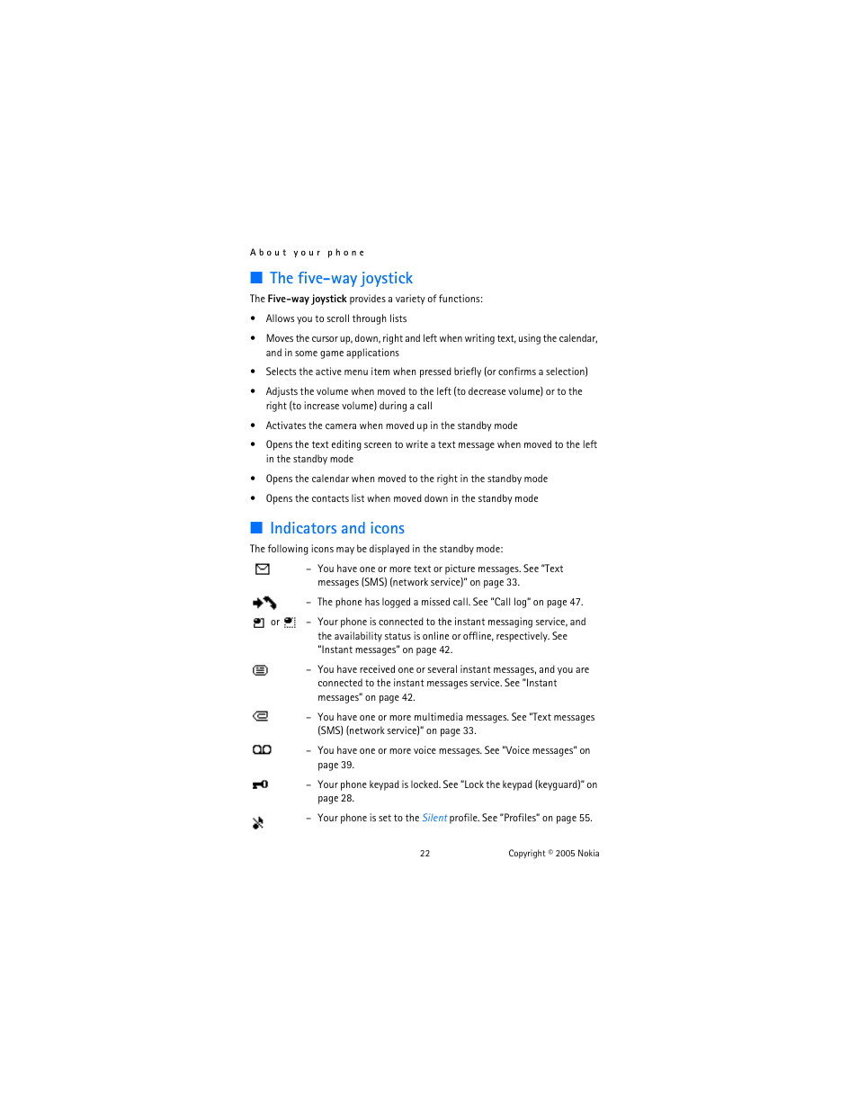 The five-way joystick, Indicators and icons | Nokia 6822 User Manual | Page 23 / 225