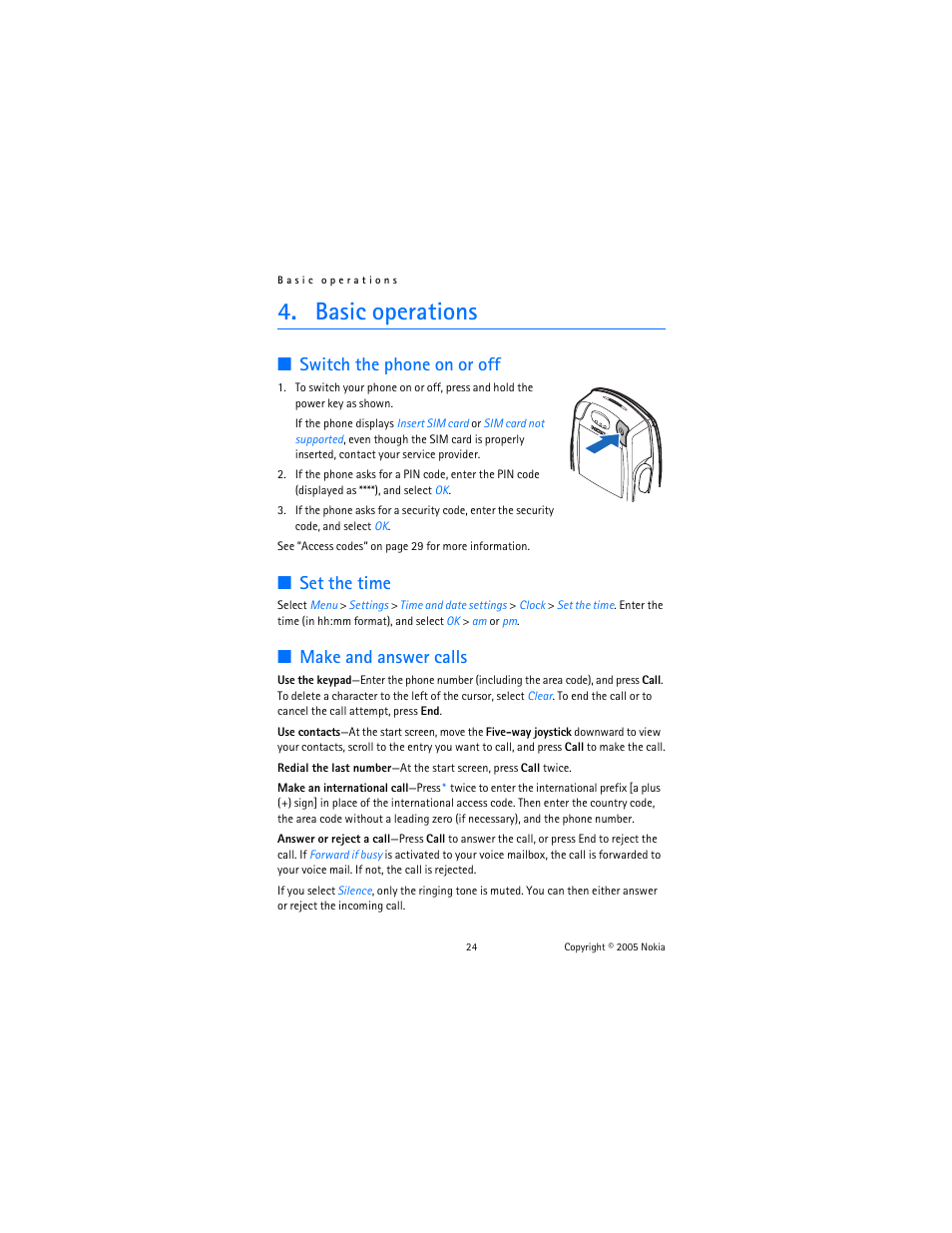 Basic operations, Switch the phone on or off, Set the time | Make and answer calls | Nokia 6822 User Manual | Page 25 / 225