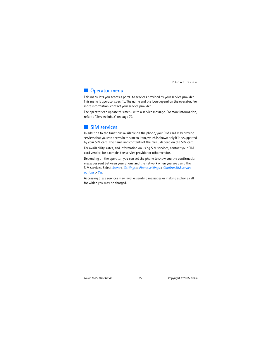 Operator menu, Sim services | Nokia 6822 User Manual | Page 28 / 225