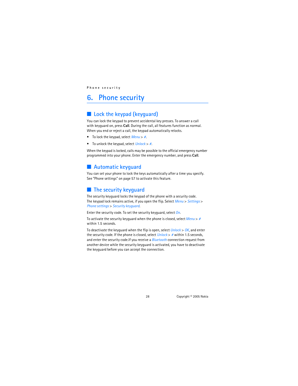 Phone security, Lock the keypad (keyguard)” on, Lock the keypad (keyguard) | Automatic keyguard, The security keyguard | Nokia 6822 User Manual | Page 29 / 225