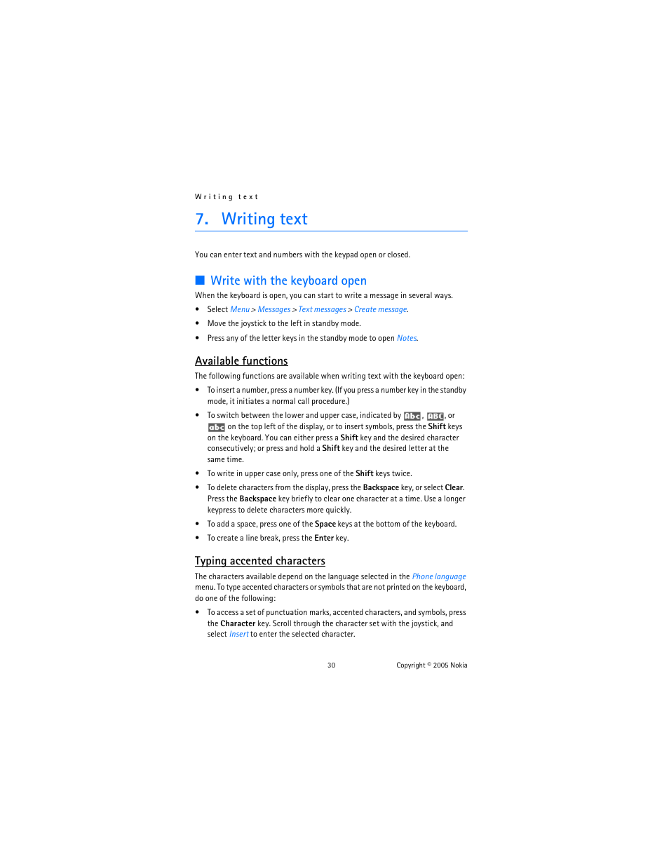 Writing text, Write with the keyboard open, Available functions | Typing accented characters | Nokia 6822 User Manual | Page 31 / 225