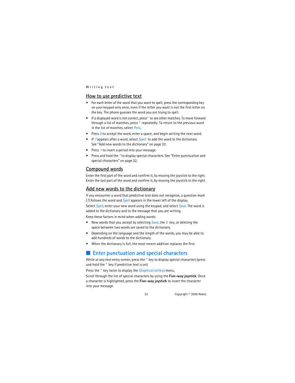 Enter punctuation and special characters, How to use predictive text, Compound words | Add new words to the dictionary | Nokia 6822 User Manual | Page 33 / 225