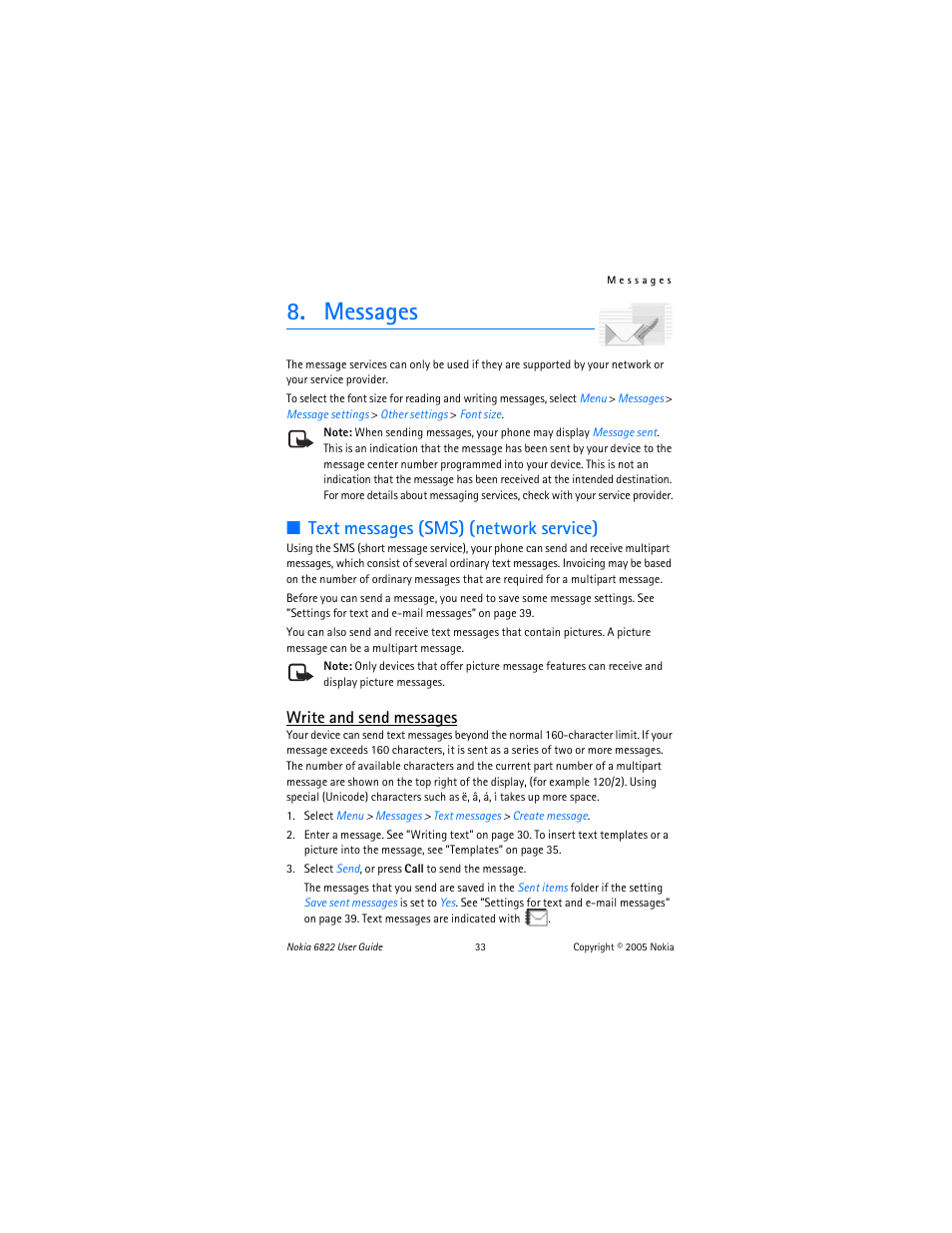 Messages, Text, Text messages | Text messages (sms) (network service), Write and send messages | Nokia 6822 User Manual | Page 34 / 225