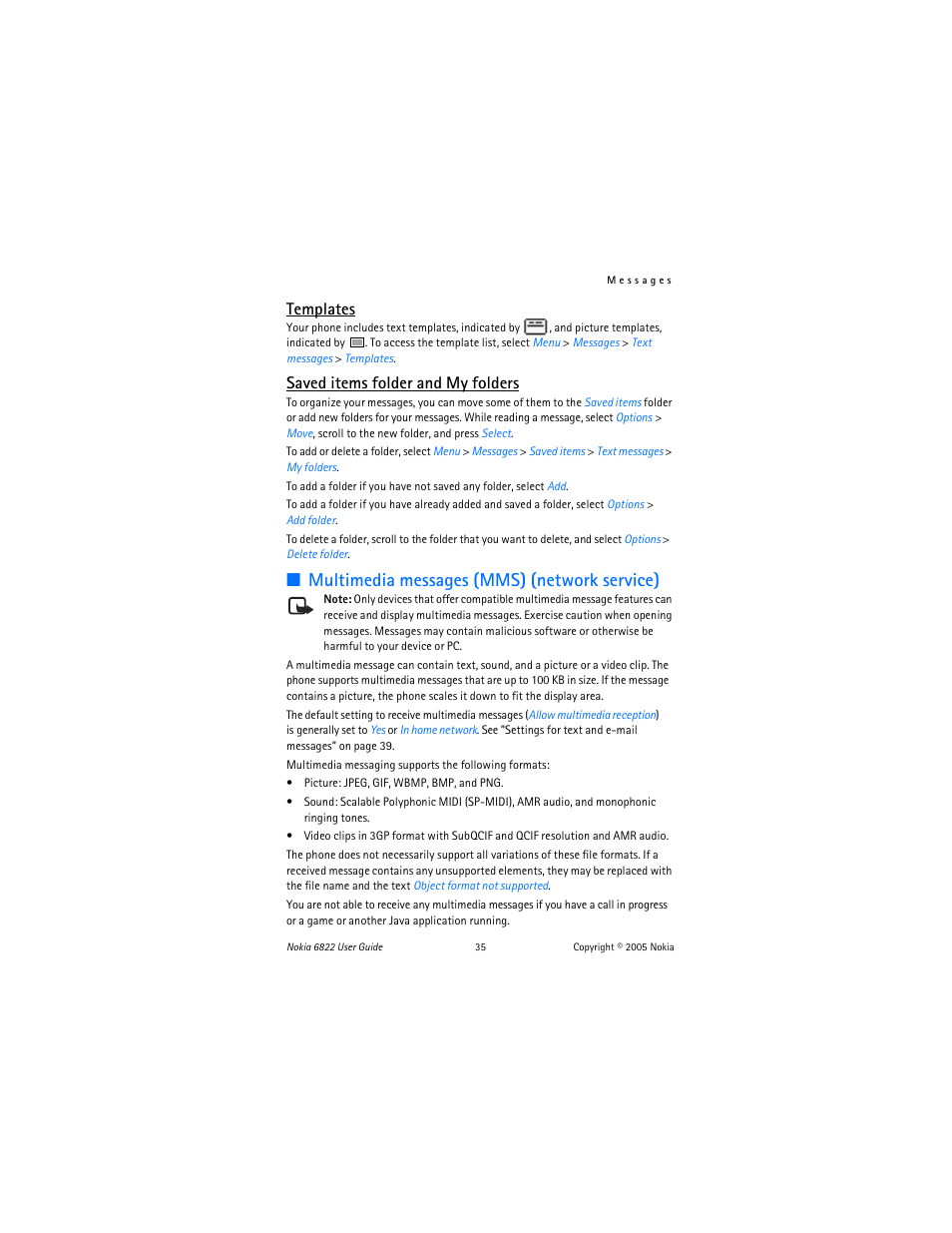 Multimedia messages (mms) (network service), Templates, Saved items folder and my folders | Nokia 6822 User Manual | Page 36 / 225