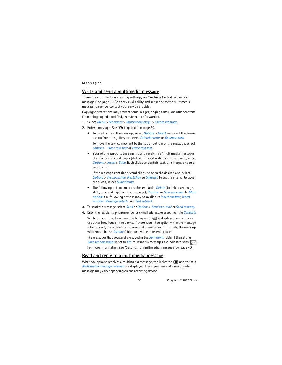 Write and send a multimedia message, Read and reply to a multimedia message | Nokia 6822 User Manual | Page 37 / 225