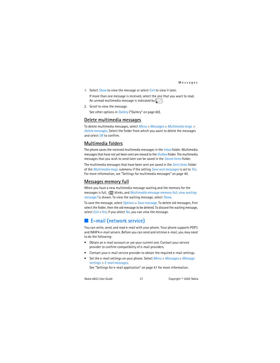 E-mail (network service), Delete multimedia messages, Multimedia folders | Nokia 6822 User Manual | Page 38 / 225