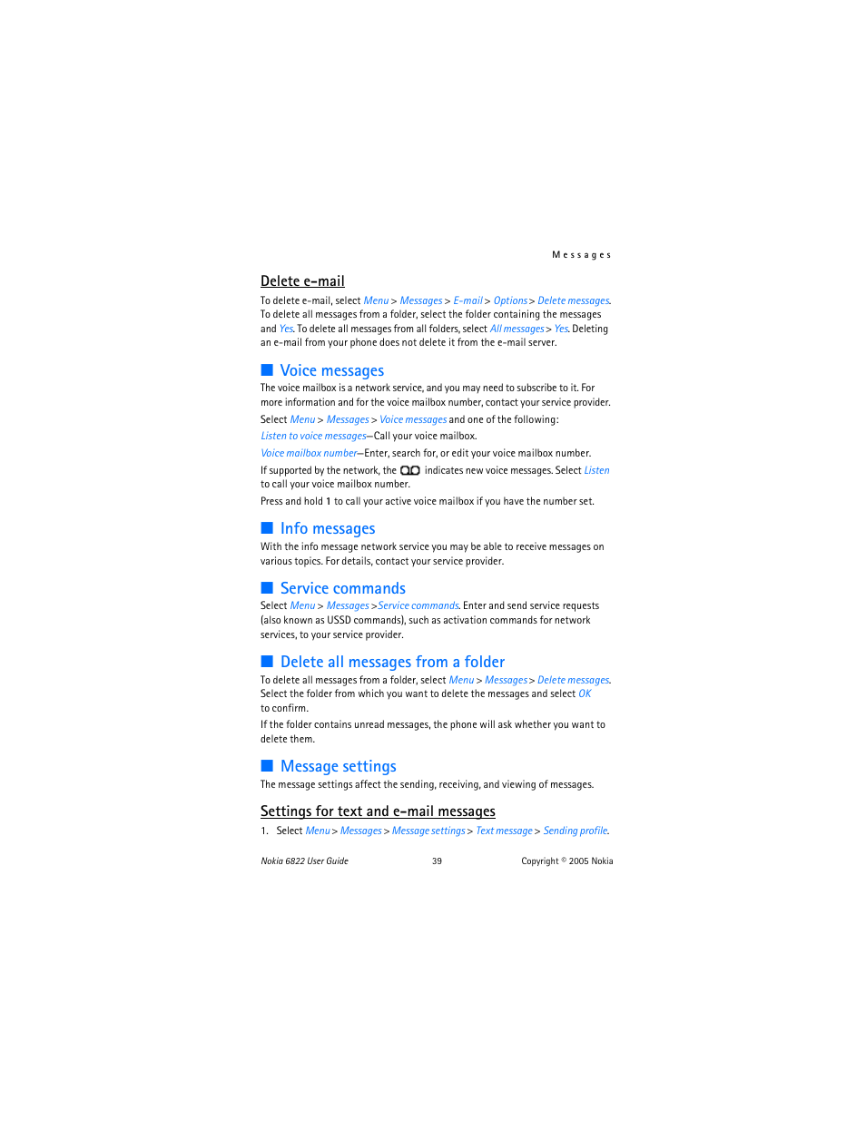 Voice messages” on, E ”settings for text and e-mail messages, Voice messages | Info messages, Service commands, Delete all messages from a folder, Message settings, Delete e-mail, Settings for text and e-mail messages | Nokia 6822 User Manual | Page 40 / 225