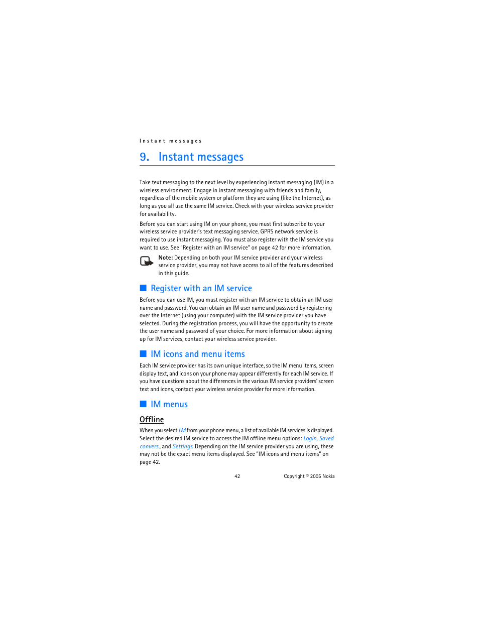 Instant messages, Register with an im service, Im icons and menu items | Im menus, Offline | Nokia 6822 User Manual | Page 43 / 225