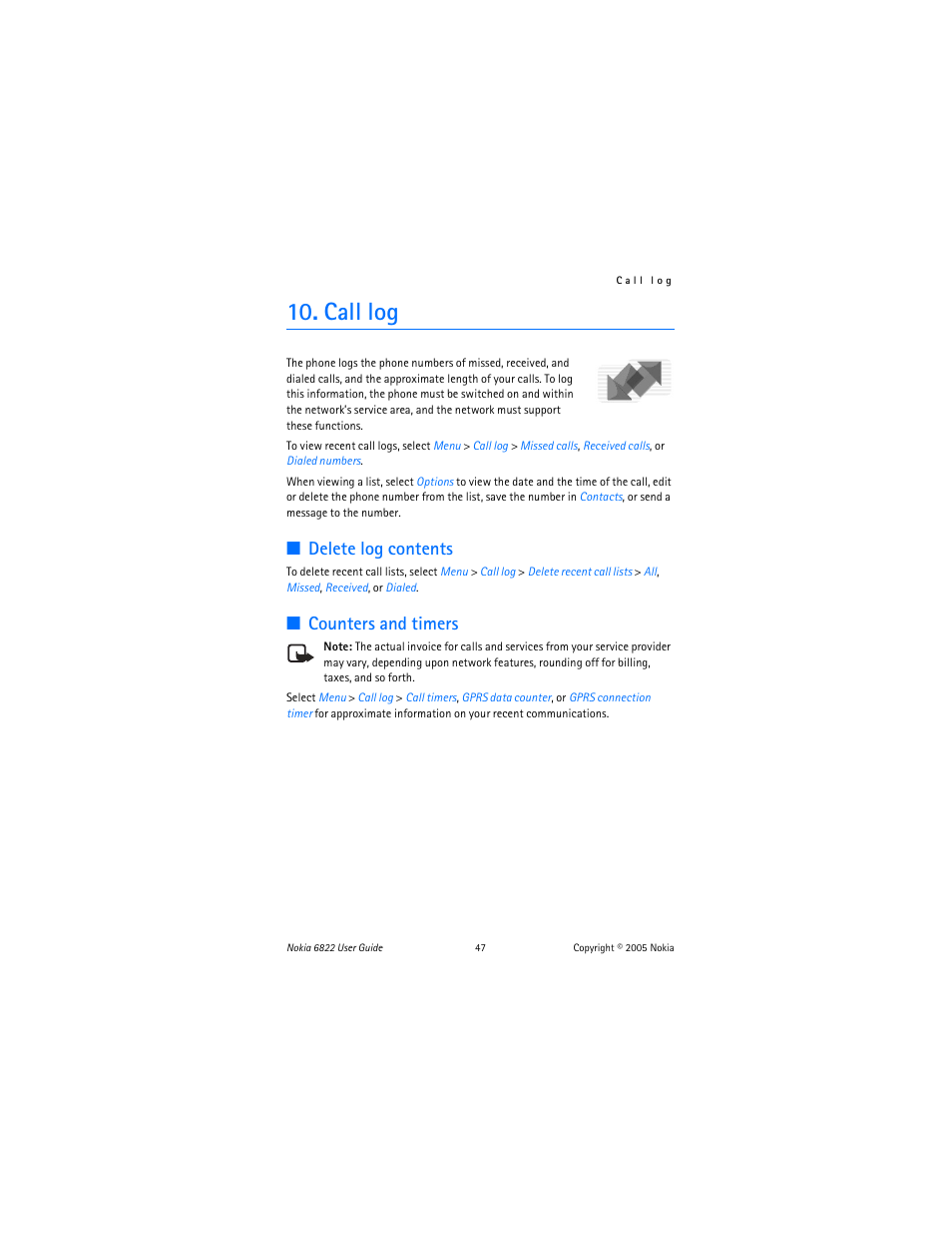 Call log, Delete log contents, Counters and timers | Nokia 6822 User Manual | Page 48 / 225