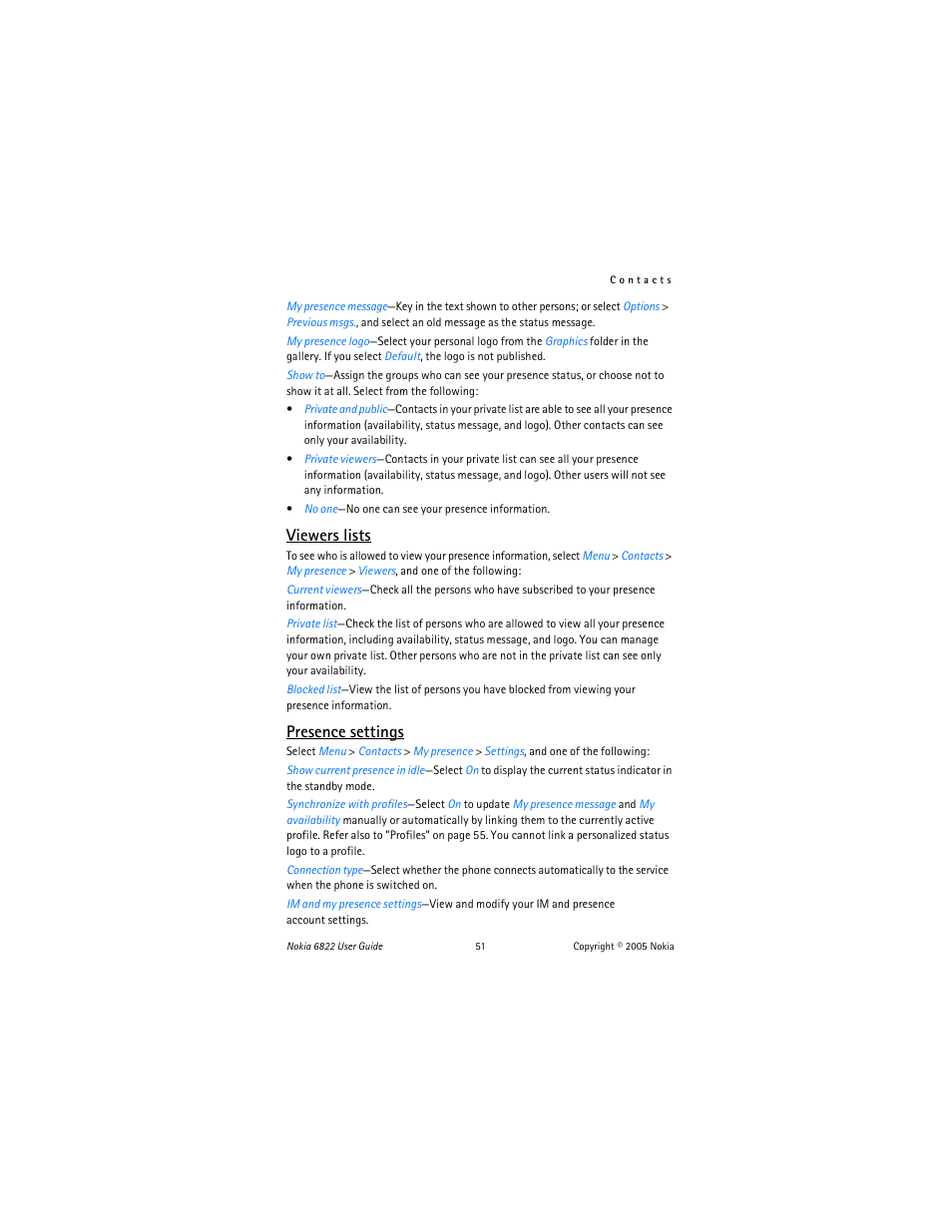 Viewers lists, Presence settings | Nokia 6822 User Manual | Page 52 / 225