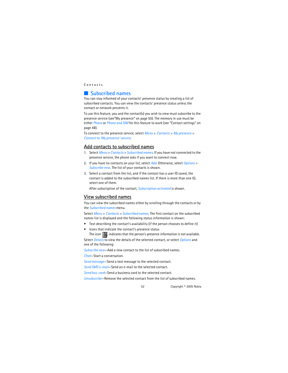 Subscribed names, Add contacts to subscribed names, View subscribed names | Nokia 6822 User Manual | Page 53 / 225