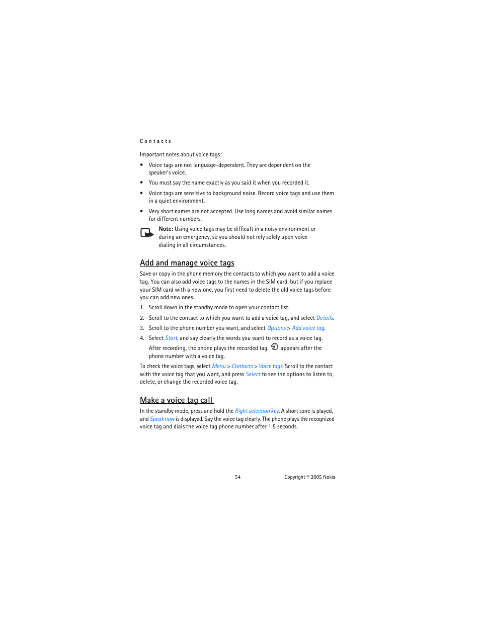 Add and manage voice tags, Make a voice tag call | Nokia 6822 User Manual | Page 55 / 225