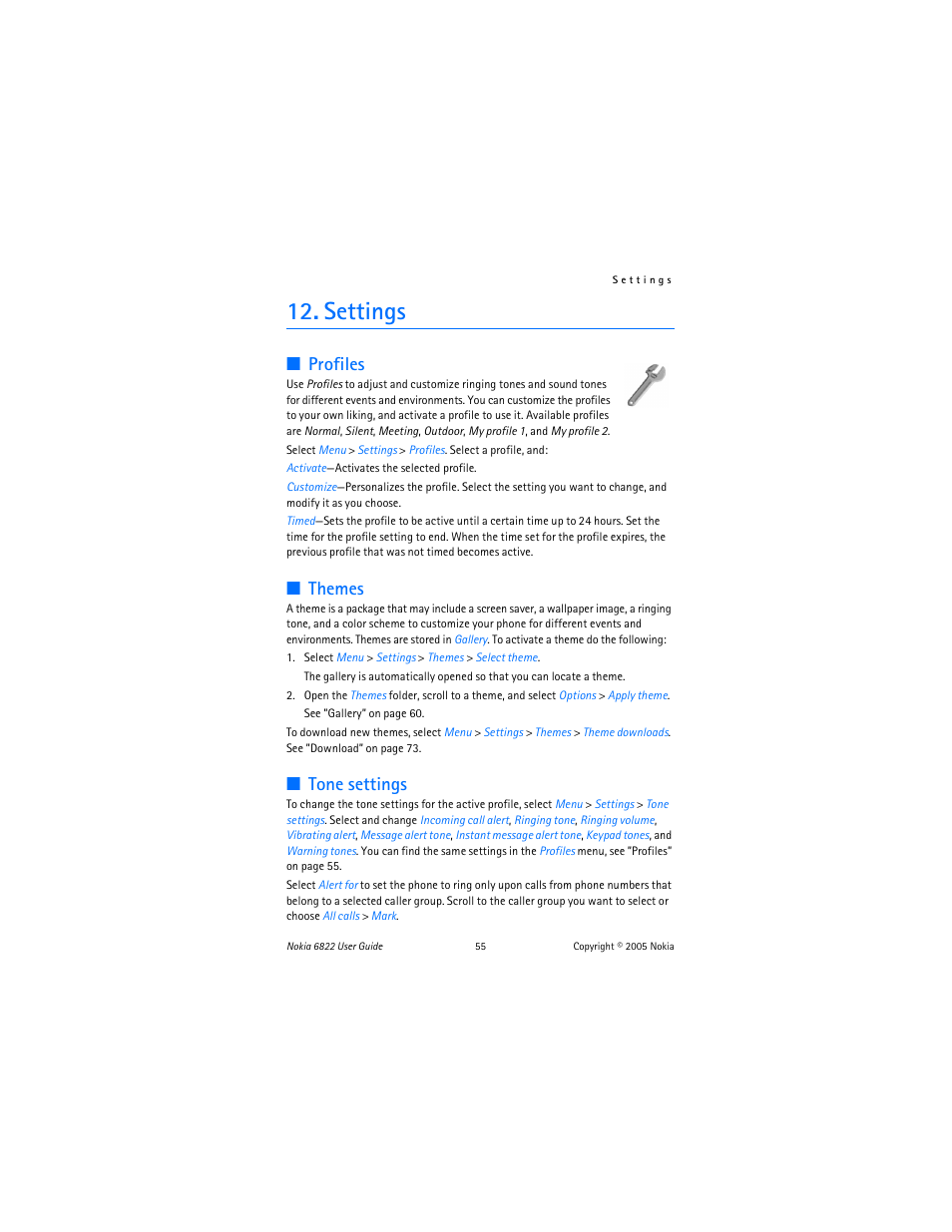 Settings, Profiles, Themes | Tone settings | Nokia 6822 User Manual | Page 56 / 225