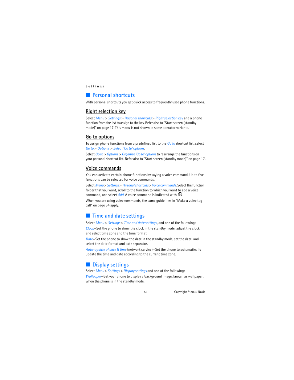 Personal shortcuts, Time and date settings, Display settings | Right selection key, Go to options, Voice commands | Nokia 6822 User Manual | Page 57 / 225