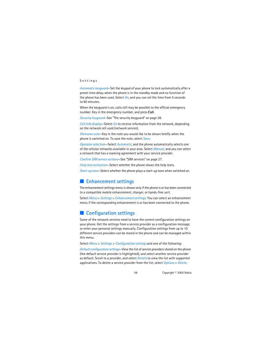 Enhancement settings, Configuration settings | Nokia 6822 User Manual | Page 59 / 225