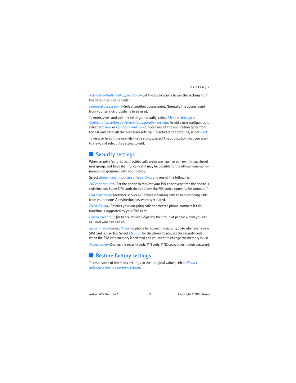 Security settings” on, Security settings, Restore factory settings | Nokia 6822 User Manual | Page 60 / 225