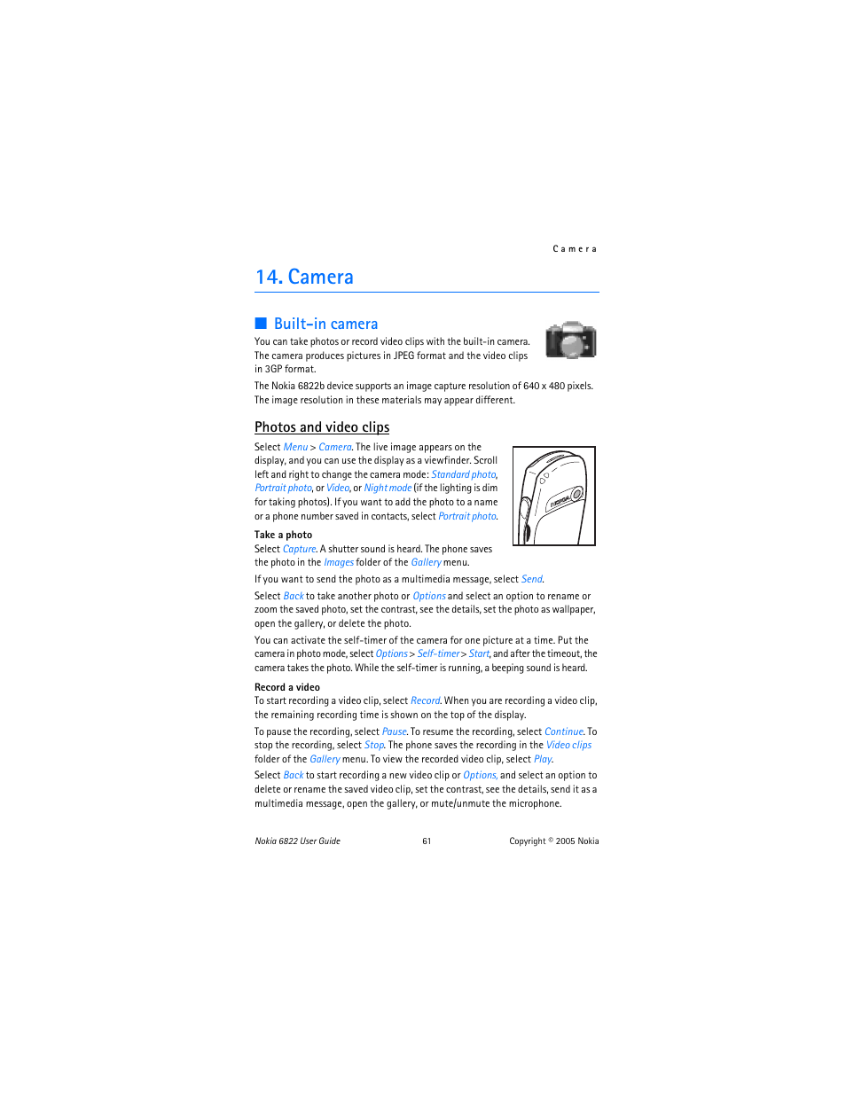 Camera, Built-in camera, Photos and video clips | Nokia 6822 User Manual | Page 62 / 225