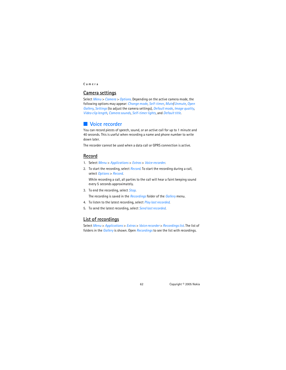 Voice recorder, Camera settings, Record | List of recordings | Nokia 6822 User Manual | Page 63 / 225