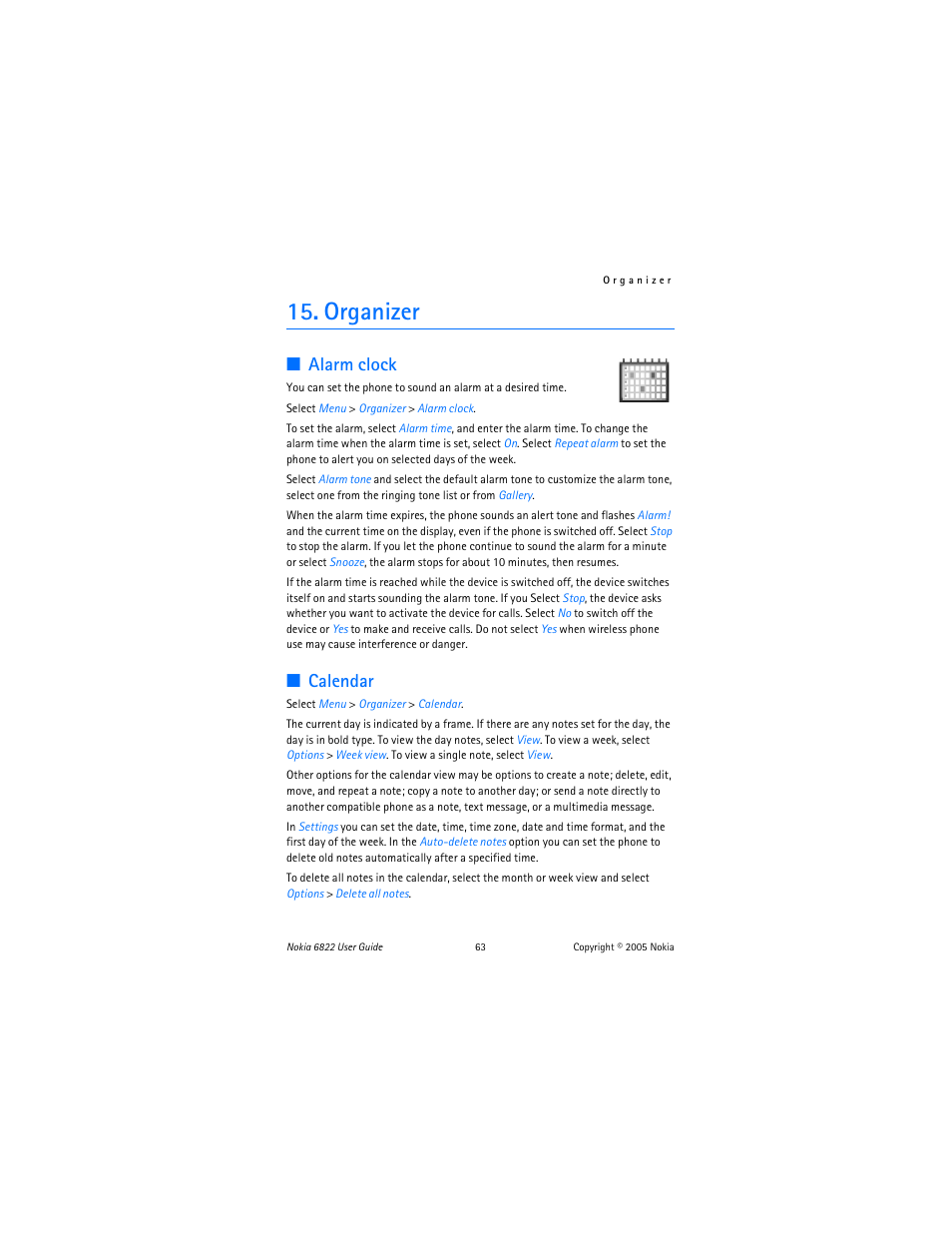 Organizer, Alarm clock, Calendar | Nokia 6822 User Manual | Page 64 / 225