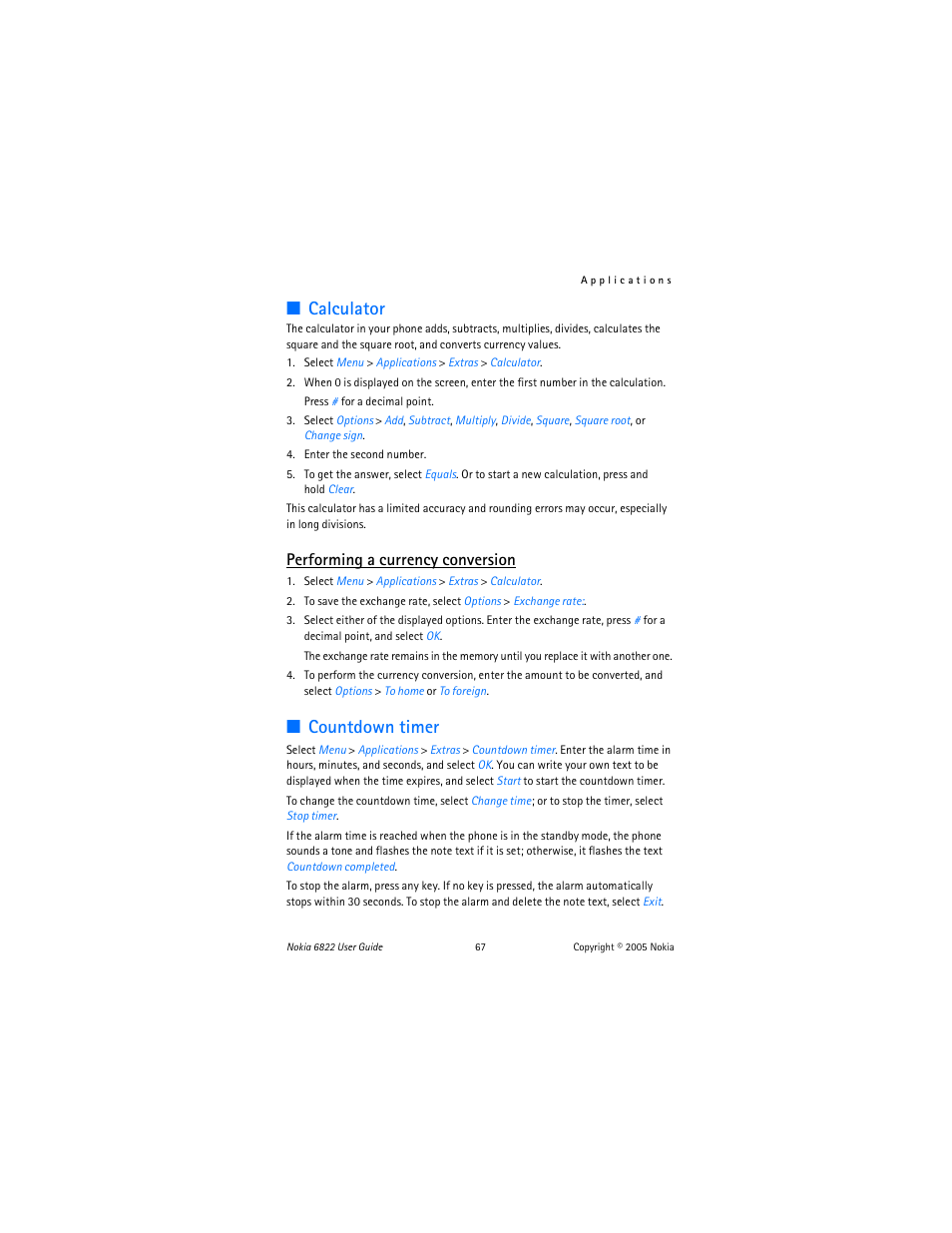 Calculator, Countdown timer, Performing a currency conversion | Nokia 6822 User Manual | Page 68 / 225