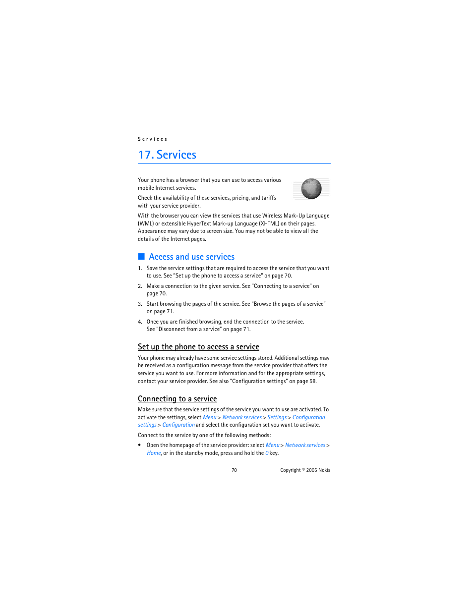 Services, Access and use services, Set up the phone to access a service | Connecting to a service | Nokia 6822 User Manual | Page 71 / 225