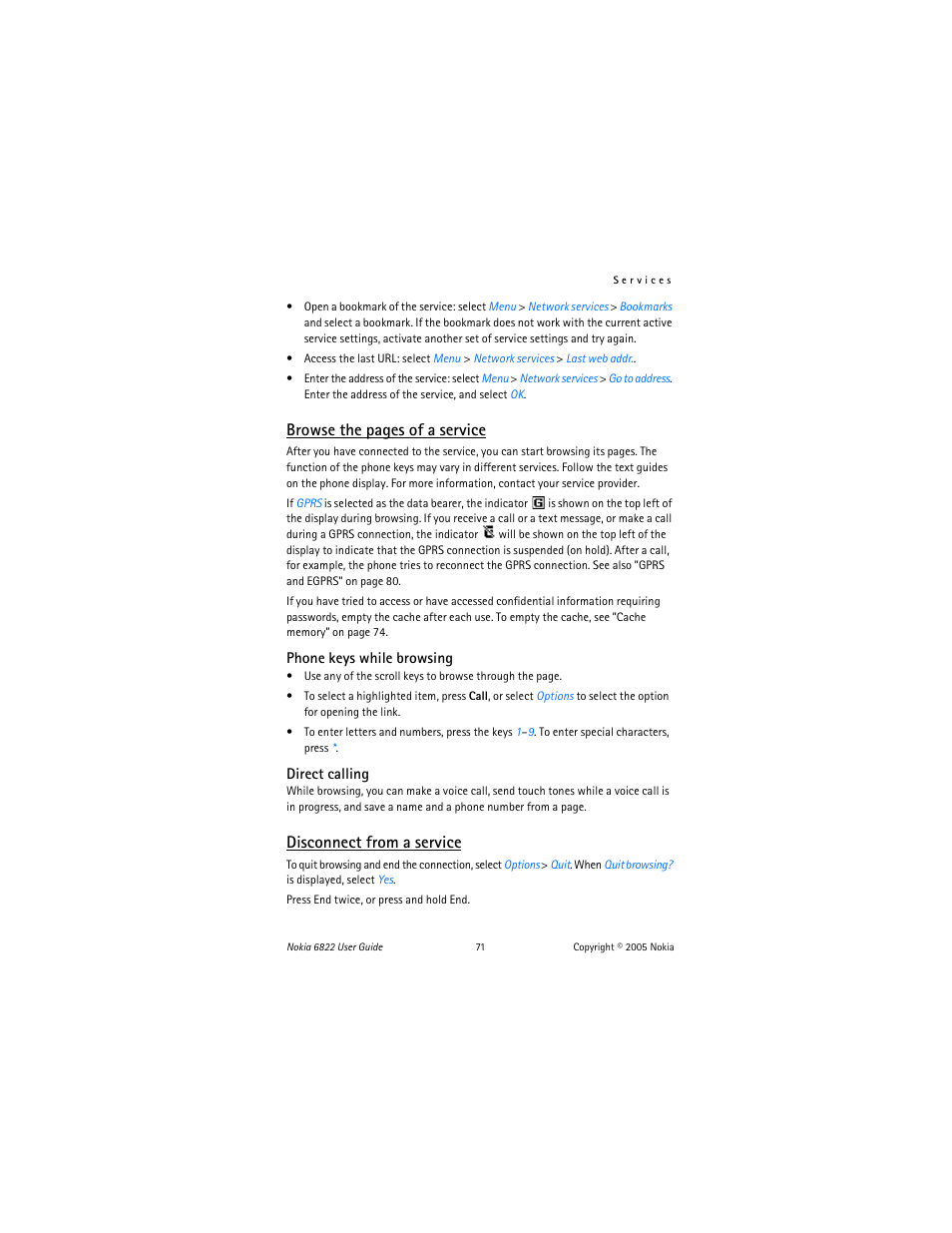 Browse the pages of a service, Disconnect from a service | Nokia 6822 User Manual | Page 72 / 225