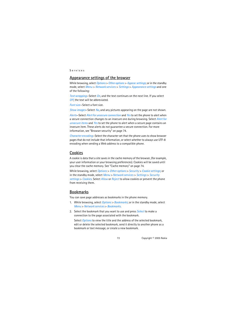 Appearance settings of the browser, Cookies, Bookmarks | Nokia 6822 User Manual | Page 73 / 225