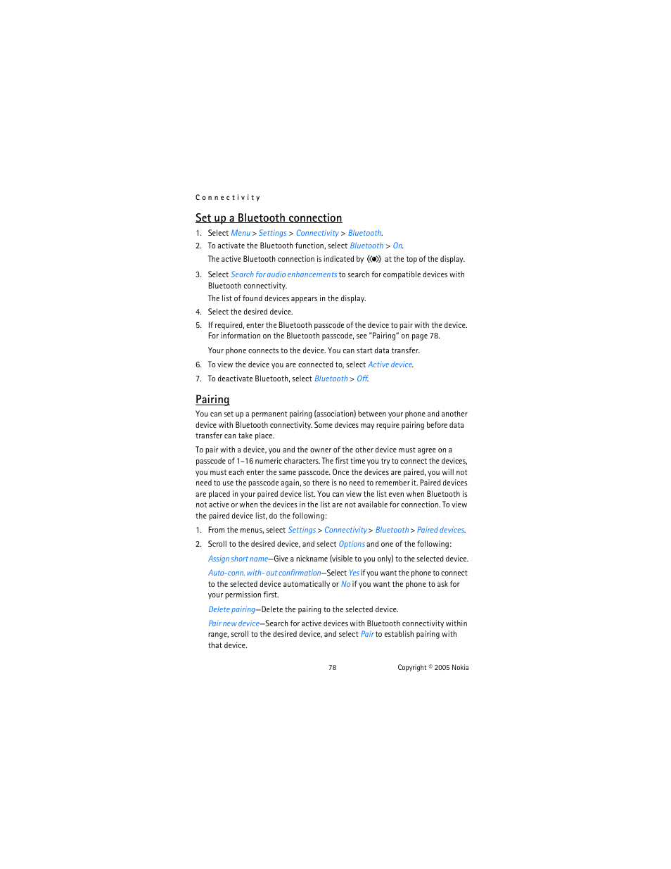 Set up a bluetooth, Set up a bluetooth connection, Pairing | Nokia 6822 User Manual | Page 79 / 225