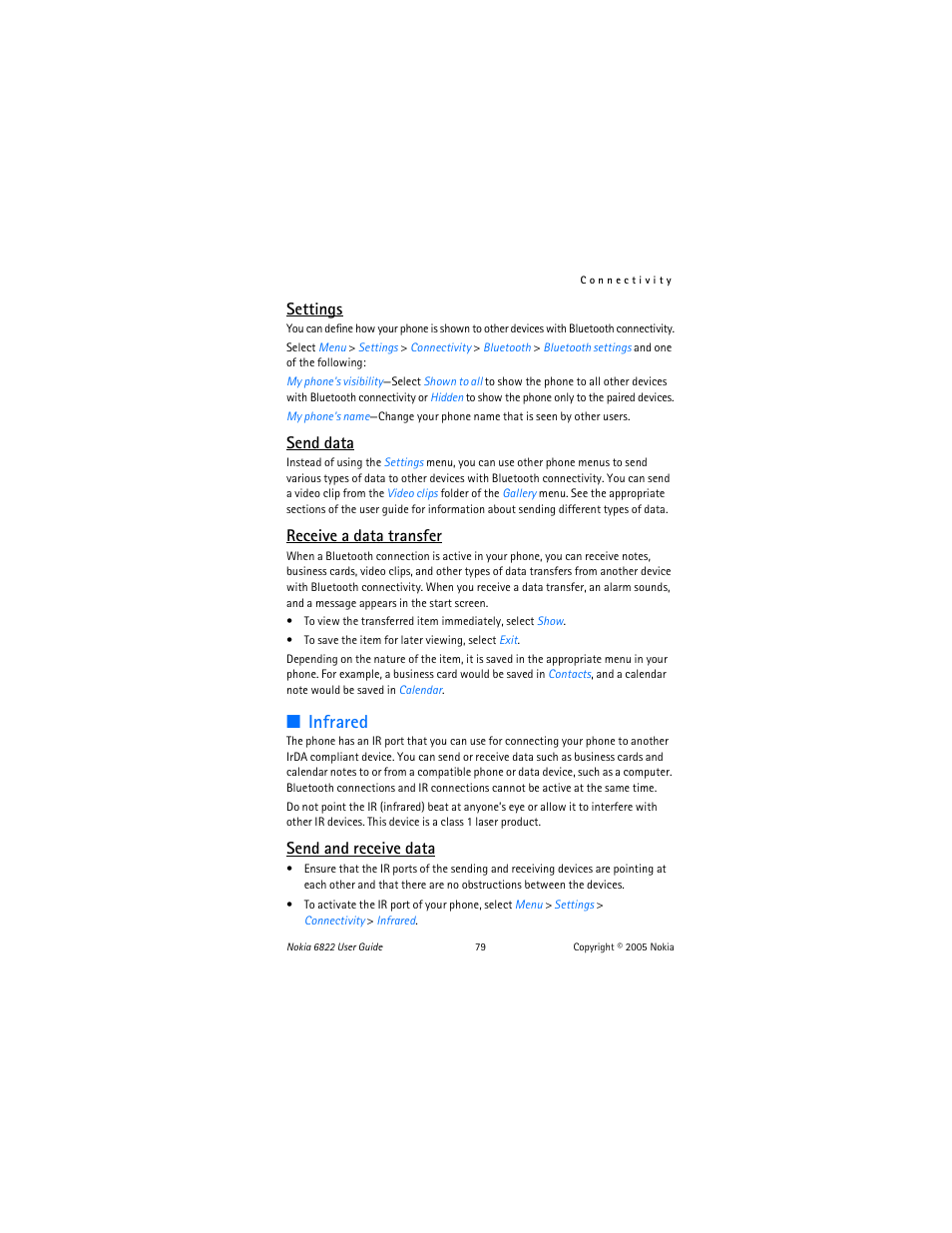 Infrared, Settings, Send data | Receive a data transfer, Send and receive data | Nokia 6822 User Manual | Page 80 / 225