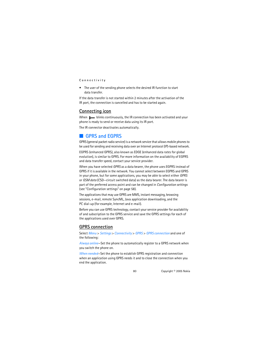 Gprs and egprs, Connecting icon, Gprs connection | Nokia 6822 User Manual | Page 81 / 225