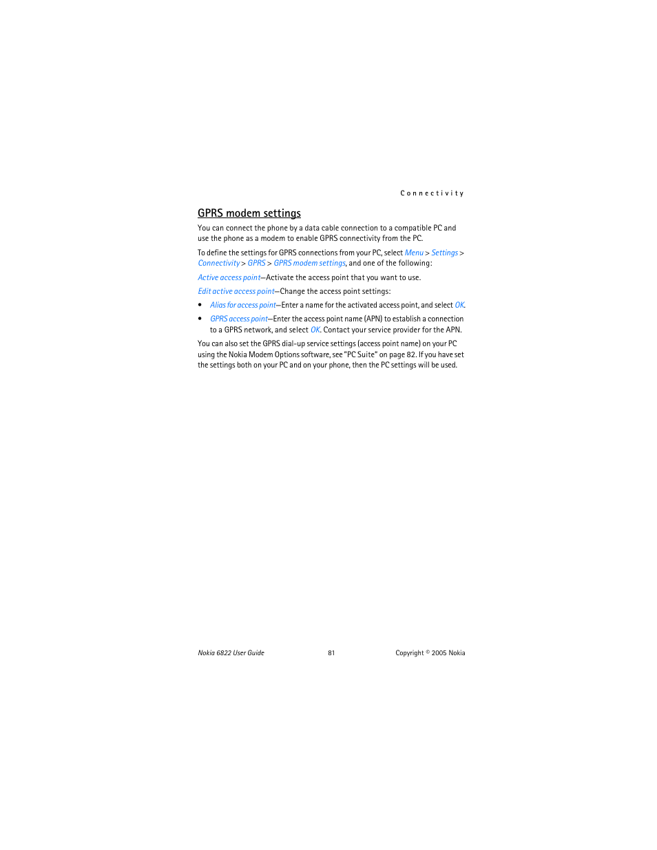 Gprs modem settings | Nokia 6822 User Manual | Page 82 / 225