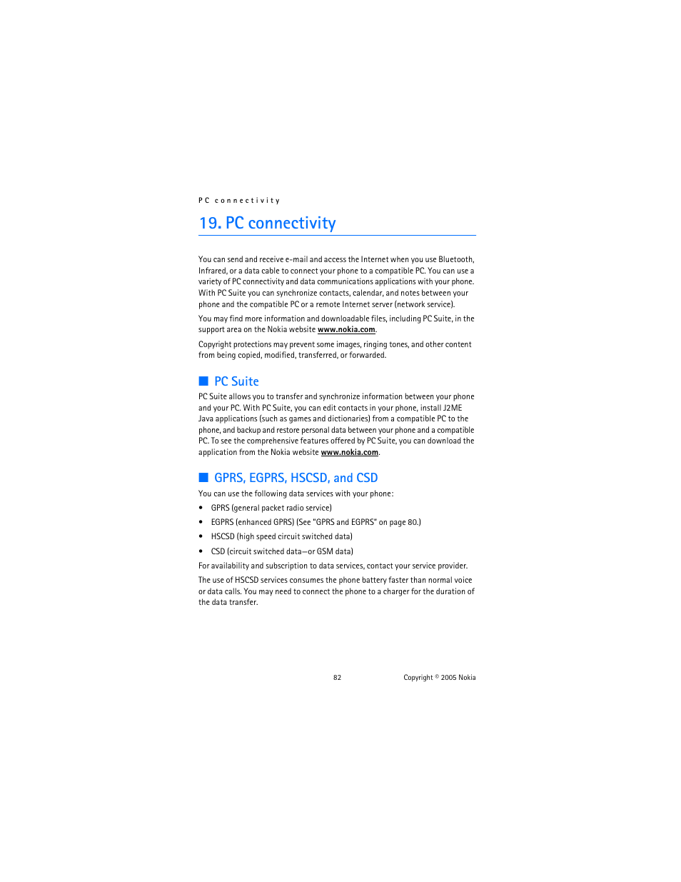 Pc connectivity, Pc suite, Gprs, egprs, hscsd, and csd | Nokia 6822 User Manual | Page 83 / 225